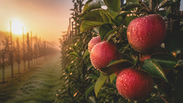 Close-up of ripe red apples covered in morning dew in a sunlit orchard, symbolizing freshness, healthy eating, and premium fruit production.