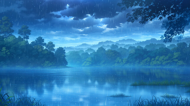 雨降る湖畔と森の静かな風景のイラスト