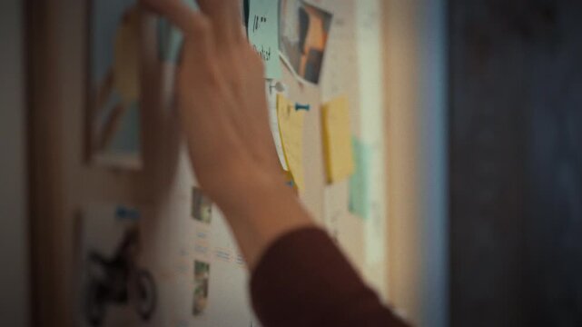 A mans hand arranges colorful sticky notes on a wall, utilizing pins to secure reminders and memos, demonstrating a planning process for task organization and implementation