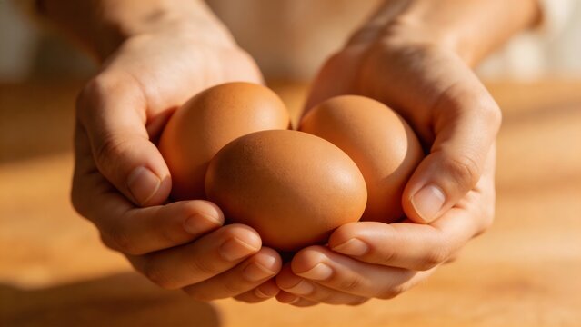 Hands holding brown eggs