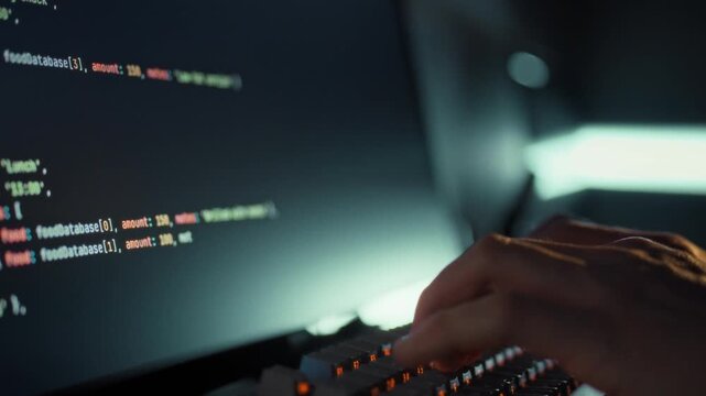An expert programmer swiftly types complex algorithm code on a keyboard, rapidly generating data on the monitor, harnessing the power of machine learning and artificial intelligence