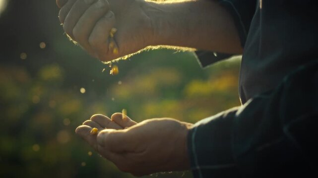 An agricultural farmer inspects corn grains manually sifting them gentle breeze assess their quality, crucial step before sowing selected grains into fertile soil ensure bountiful agricultural harvest