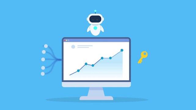 Minimal flat animation of a desktop monitor displaying a rising data chart with connected nodes, a robot assistant, and a key icon, representing AI analytics, secure access, and protected data systems