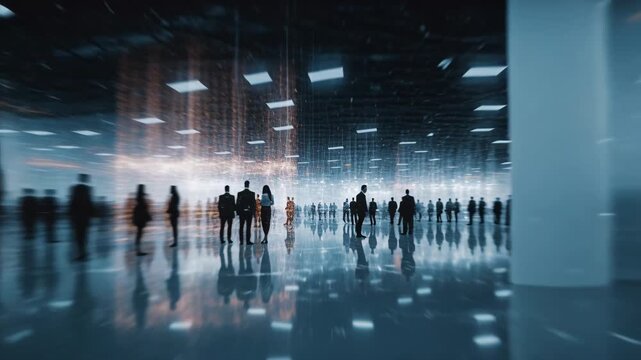 Group of business professionals walking inside a vast modern building with reflective floors