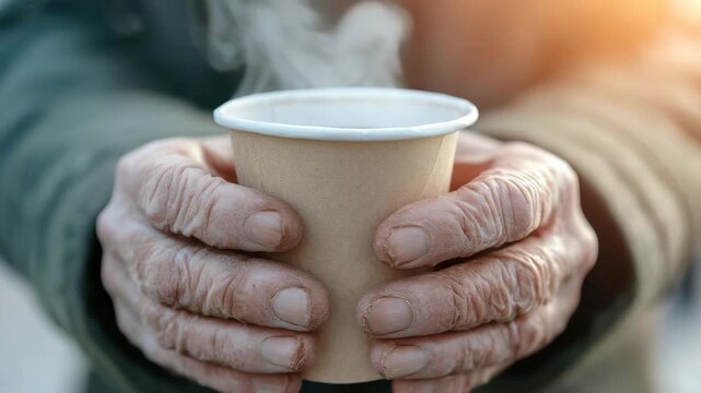 Hands with rough skin hold a cup filled with a warm drink. Steam rises as sunlight shines. The setting shows the comfort of a hot beverage in a cold urban area