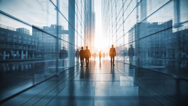 Silhouettes of business people walking toward bright sunlit modern glass building entrance