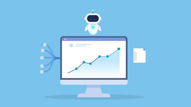 Minimal flat animation of a desktop monitor displaying a rising data chart with connected nodes, a robot assistant, and a document icon, representing AI analytics, automation, and data processing work