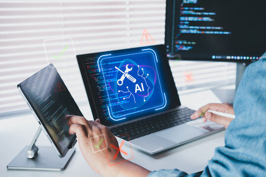 AI debugging process with developer fixing system error on laptop screen, analyzing code and resolving machine learning issue in modern workspace with multiple devices and software interface