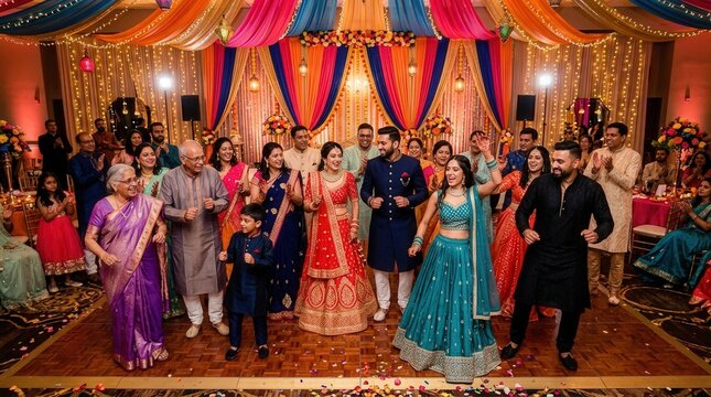 Vibrant indian family dancing at a pre-wedding sangeet ceremony in a colorful decorated banquet hall.