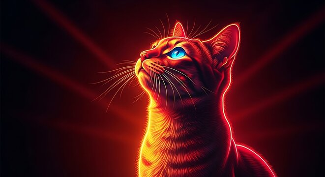 Glowing orange cat with blue eye looking up