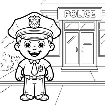 "Cartoon Silhouette of Police Officer Standing in Front of Police Station Building Depicting Law Enforcement Scene Illustration"