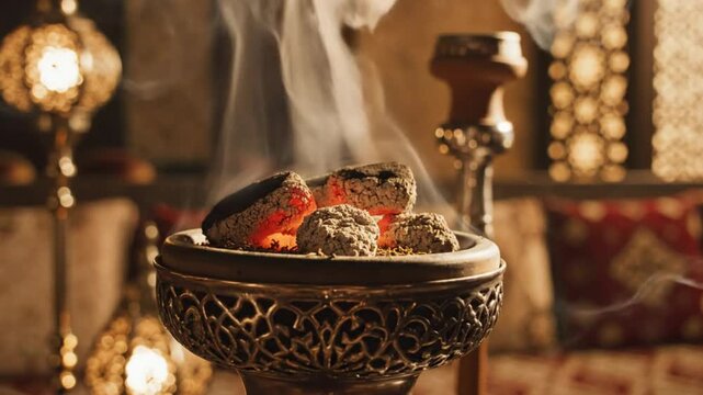 Burning incense in a decorated brazier with hot coals, producing smoke, and creating a relaxed ambience.