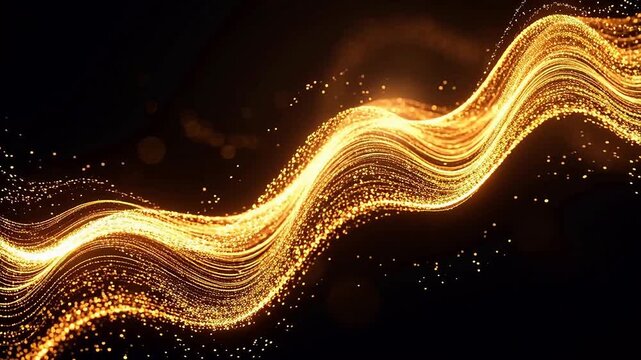 Golden flowing light particles on dark background ideal for sleek commercial backgrounds and title sequences
