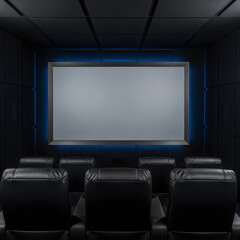 Fototapeta premium Modern home theater mockup with blank screen and leather seats
