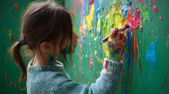 A young girl with pigtails painting on a green wall with colorful paint