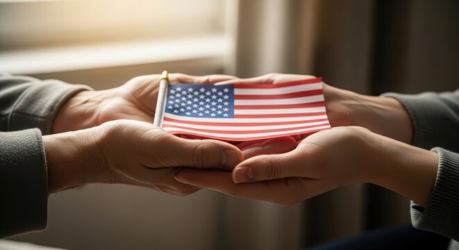 Hands holding folded American flag with soft natural light for patriotic tribute and remembrance