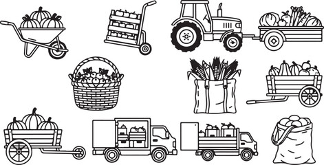 Naklejka premium Black and white line drawing of old cars and bicycles Vector