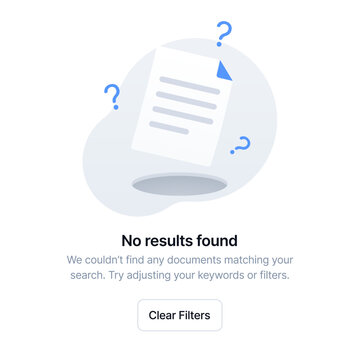 A document icon with question marks and a hole, representing a search error or no results found state for web and mobile interfaces. Vector illustration.