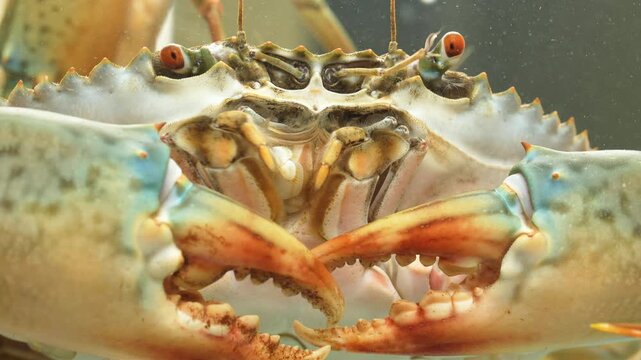 Extreme macro shot highlighting the sharp eyes and complex mouth structure of a Ca Mau mud crab underwater.