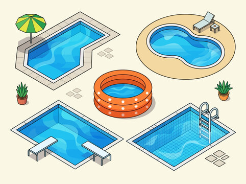 Isometric Swimming Pool Collection Vector Set: Modern Backyard Pool Designs with Diving Boards, Inflatable Kids Pool, and Outdoor Furniture for Landscaping Illustration