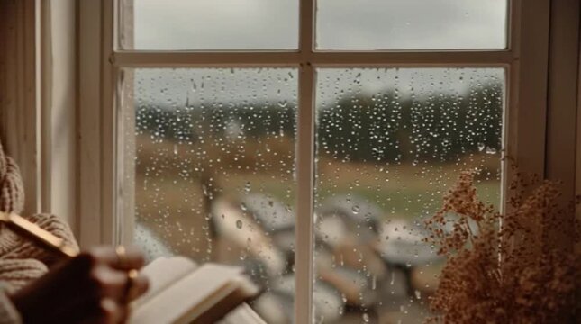 Woman journaling in notebook by rainy window on cozy afternoon