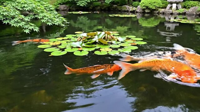 4K top-down shot gliding over serene, dark pond in a traditional Asian Japanese Zen garden. Massive colorful Japanese Koi carp fish swim smoothly and gracefully beneath the surface. 