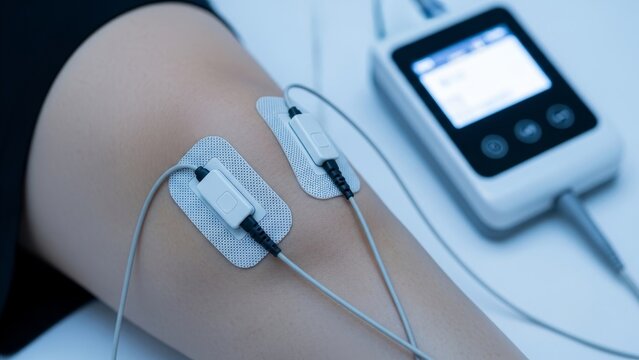 Medical - TENS Unit Electrode Pads Attached to Knee for Electrotherapy Pain Relief Treatment in Clinical Setting