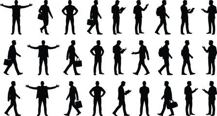 Fototapeta premium Business men silhouettes collection with walking standing and communication poses isolated on white background for corporate design