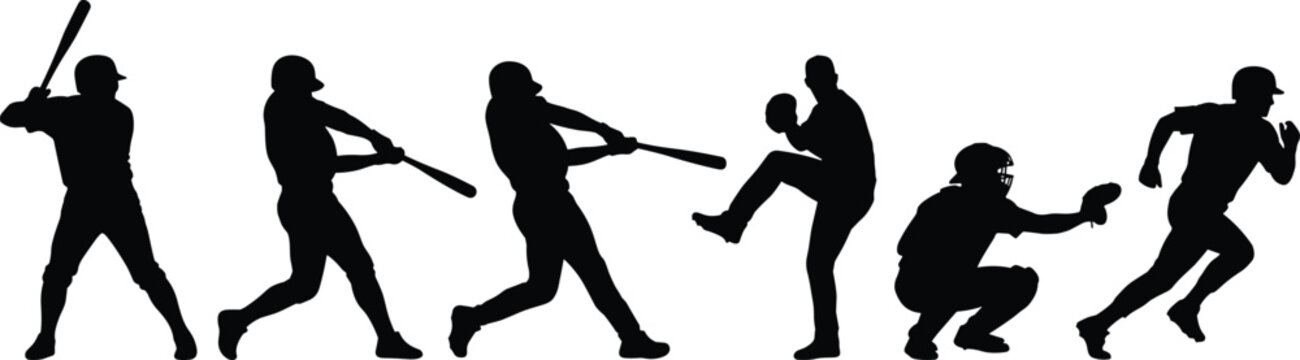 Baseball action silhouettes with batter pitcher catcher and runner isolated on white background for sports design