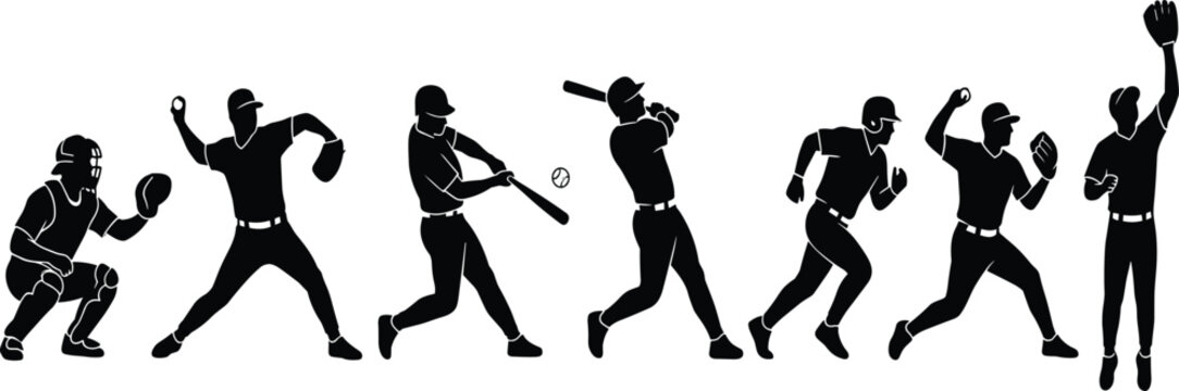 Baseball players silhouettes set with pitcher batter catcher and fielders isolated on white background for sports design