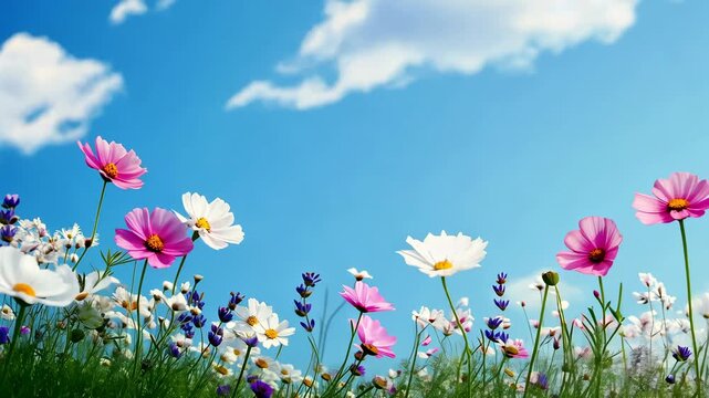 Blooming wildflowers dance in gentle breeze under clear blue sky