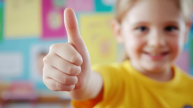 Child giving thumbs up with cheerful expression in classroom setting