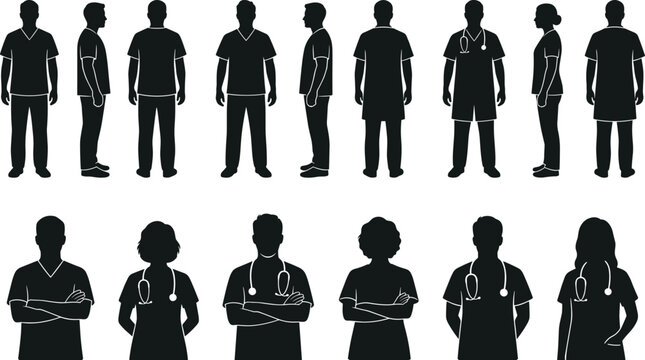 Medical staff silhouettes set with doctors and nurses in scrubs isolated on white background for healthcare design