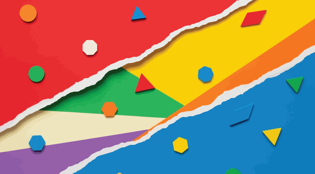 Abstract background with torn paper layers and colorful geometric shapes