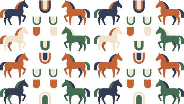 Horses arranged in a repeating pattern alongside small u-shaped symbols create a decorative equestrian wallpaper design.