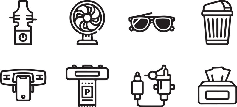 Collection of 8 simple black household objects vector icons Vector