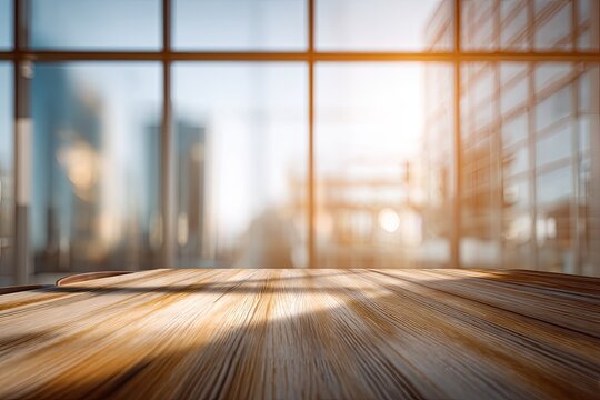 Warm, sunlit wooden tabletop in foreground, blurred modern cityscape beyond