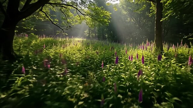 Forest meadow, sun-dappled, filled with purple foxgloves, trees frame the bright light