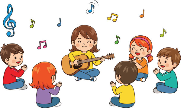 Music class for kids with guitar teacher cartoon vector illustration children singing and learning musical activity in school