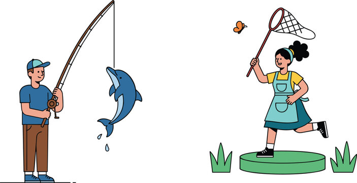 Outdoor Activity Illustration with Fishing Man Catching Fish and Girl Chasing Butterfly with Net