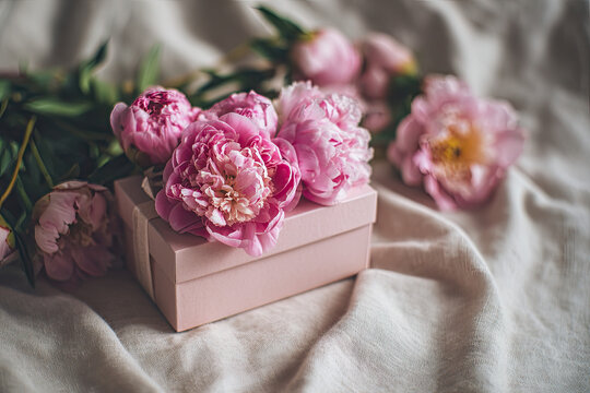 Beautiful gift box with pink peonies. Concept of internet shopping, flower shop. Flowers composition for Valentine's, Mothers or Women's Day 
