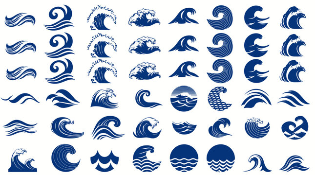 Ocean Wave Vector Icons Set - Blue Nautical Symbols
