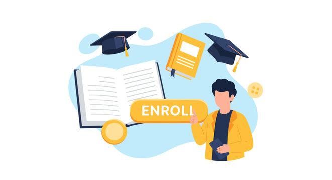A student in a yellow jacket gestures towards an enroll button positioned near an open book and floating graduation caps in a soft-toned minimalist educational environment.