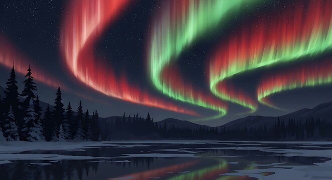 Spectacular aurora borealis display vibrant green and red lights dance across the night sky