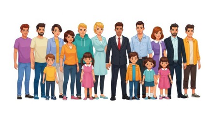 Obraz premium Diverse cartoon family standing together in a row