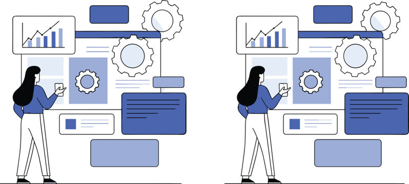 Data Analysis and Business Dashboard Illustration with Charts, Gears, and Digital Workflow Interface