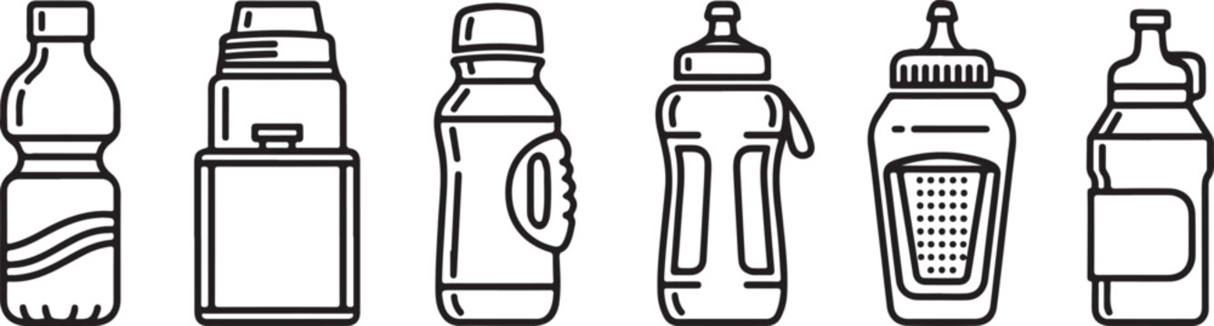 Set of six flat icons of water bottles and jugs isolated Vector