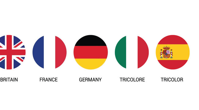 Set of round national flags of britain, france, germany, italy, and spain