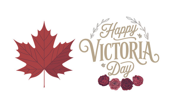 Elegant Victoria Day banner with red maple leaf and floral rose wreath