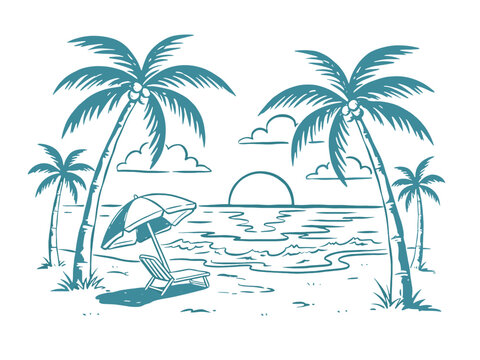 Beach vibes artwork for t shirt and poster. Summer good vibes. Relax chair hand sketch. Paradise t shirt design. Tropical palm trees.